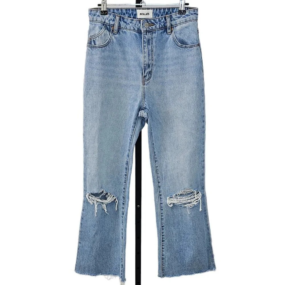 Revolve ROLLA'S East Coast Flare Crop Size 27 Blue Distressed High Rise Liv Worn